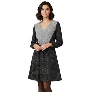 H&M Fit & Flare V-Neck Dress Size 8 - Black White Speckle Print Long Sleeve Mini